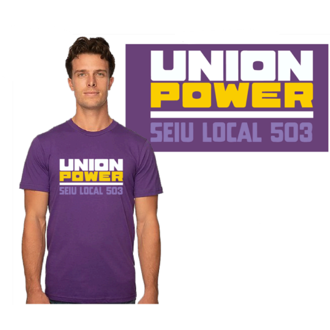 Man wearing a purple t-shirt with 'Union Power SEIU Local 503' text.