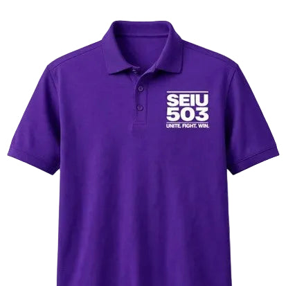 Purple polo shirt with SEIU 503 logo on a white background