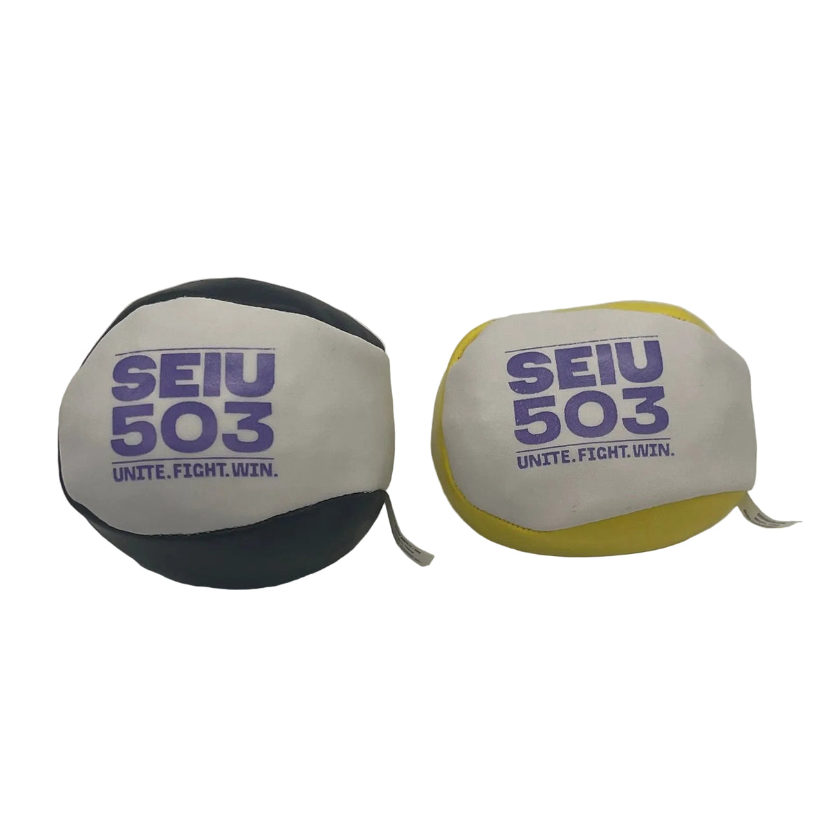 Two small round branded items on a light gray background, one dark navy/black with a white label reading SEIU 503, and one yellow with a white label reading SEIU 503.