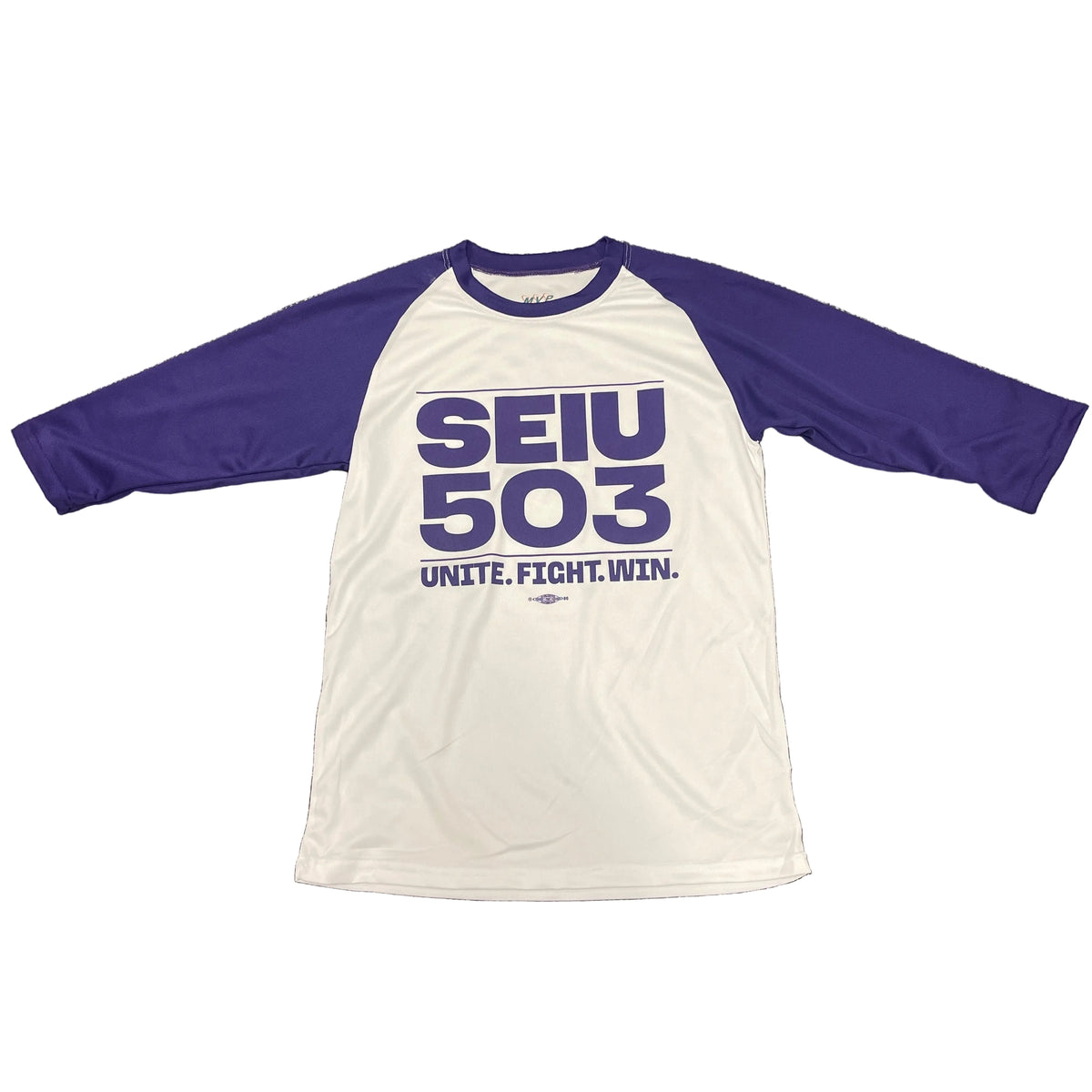 A white and purple 3/4 sleeve raglan baseball t-shirt with 'SEIU 503' and 'UNITE. FIGHT.WIN.