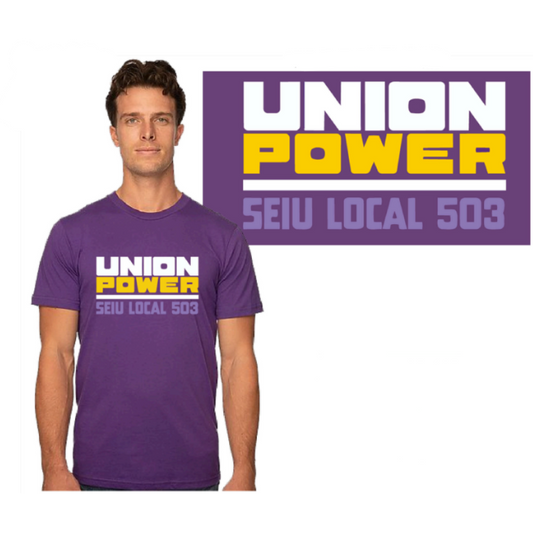 Man wearing a purple t-shirt with 'Union Power SEIU Local 503' text.