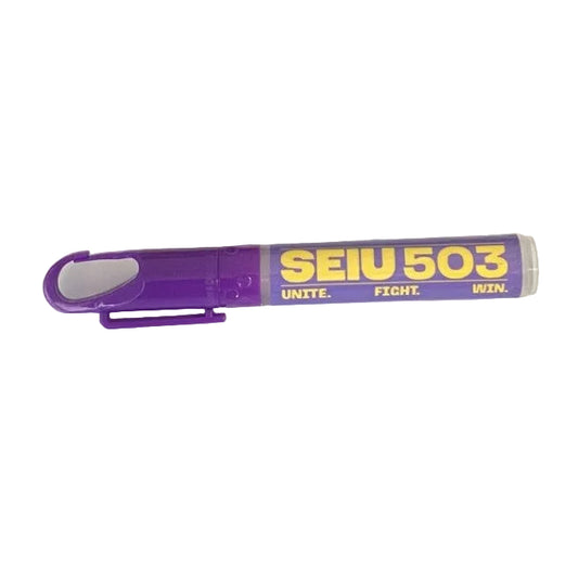 A purple plastic spray hand sanitizer with yellow text reading 'SEIU 503' 