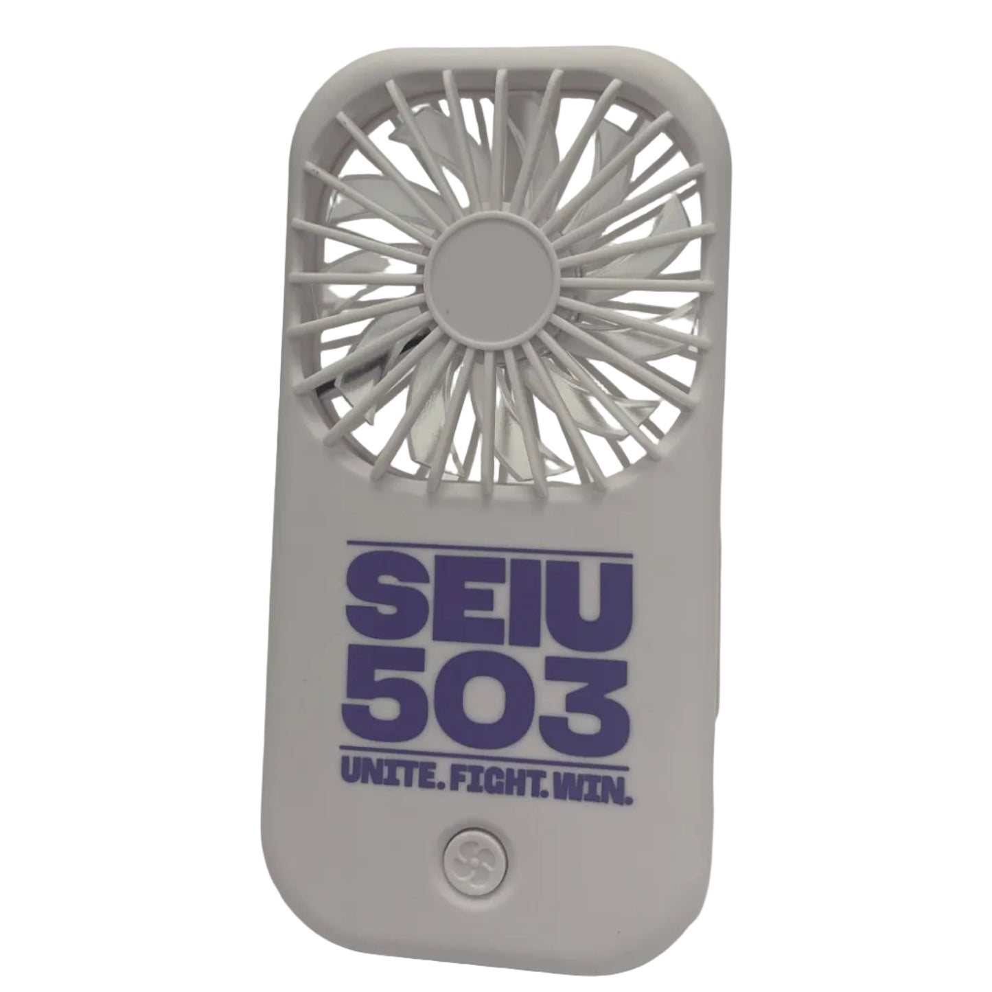 A white personal fan with a circular fan head and a front label that reads 'SEIU 503' and 'UNITE. FIGHT WITH.