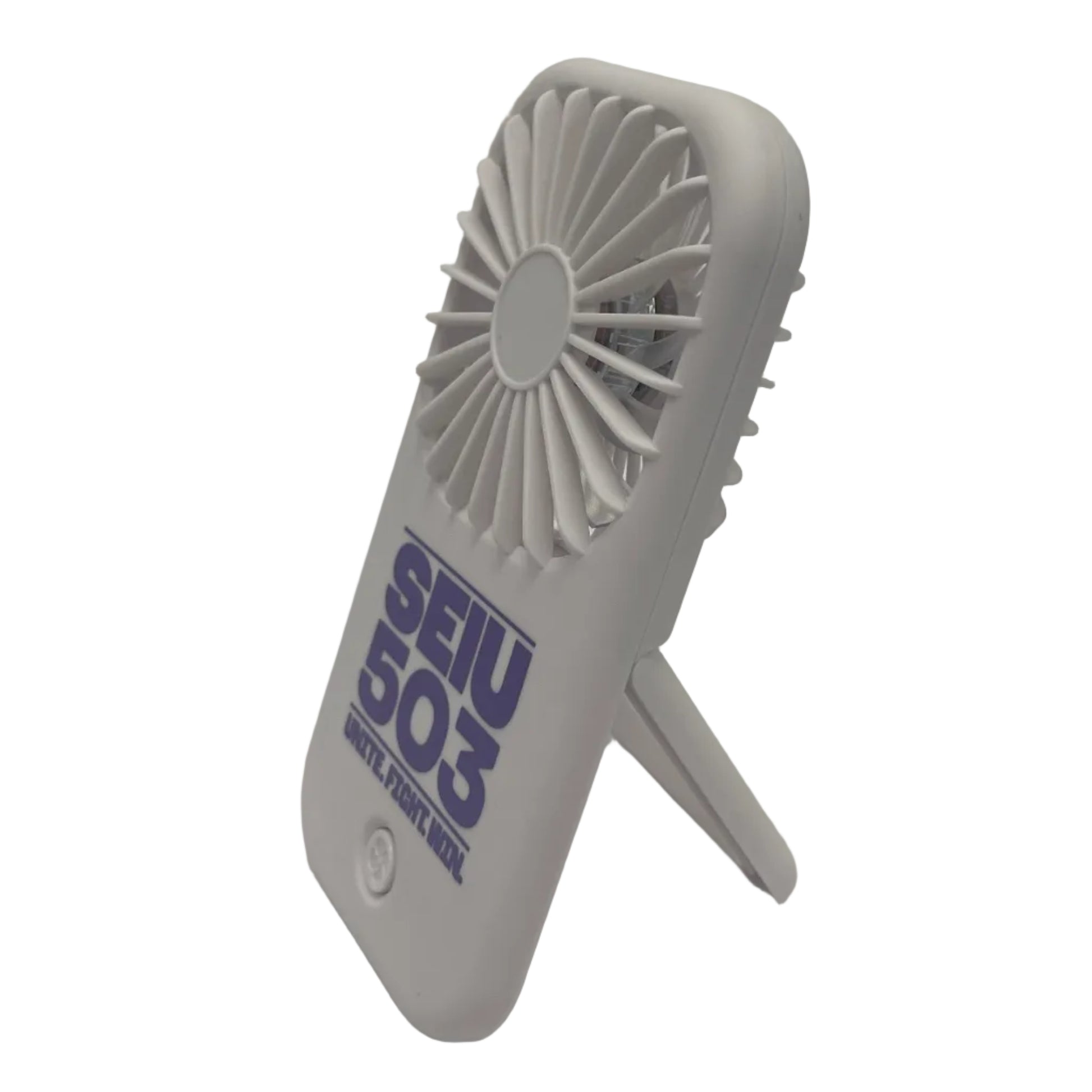 A white handheld mini fan with a built-in stand, featuring a purple 'SEIU 503' logo on the front.