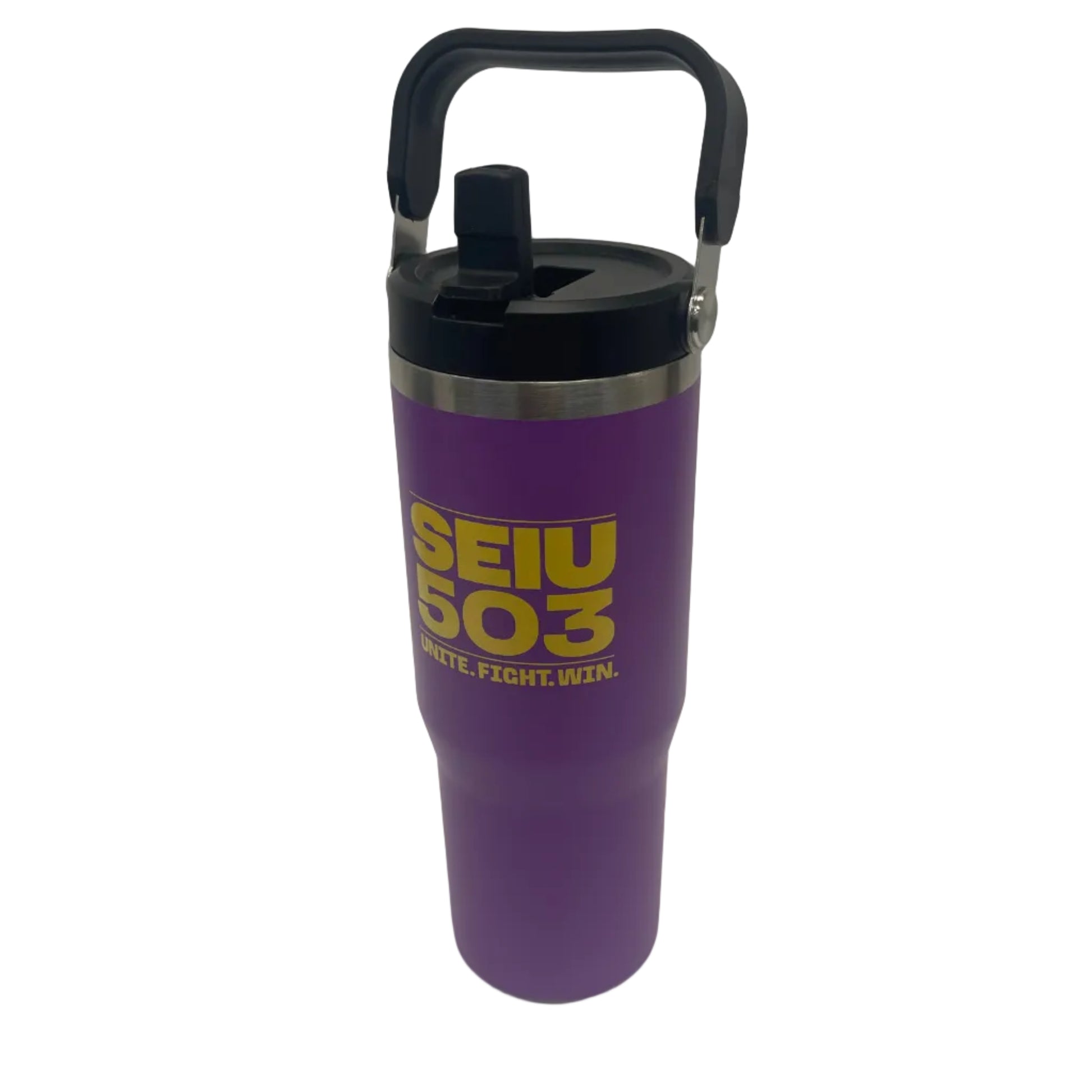 A purple insulated tumbler with a black handle and lid, featuring yellow 'SEIU 503' text on the front.