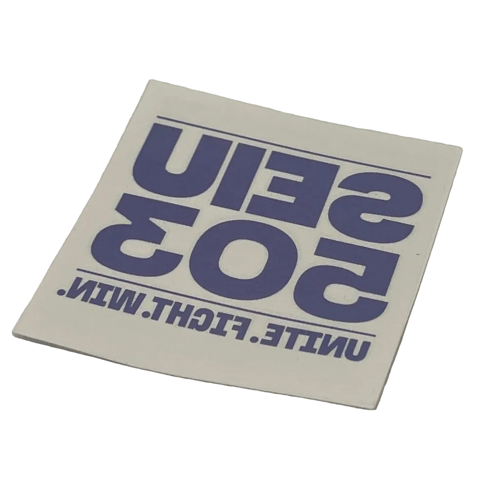 A small square temporary tattoo with purple mirrored SEIU 503 Logo.