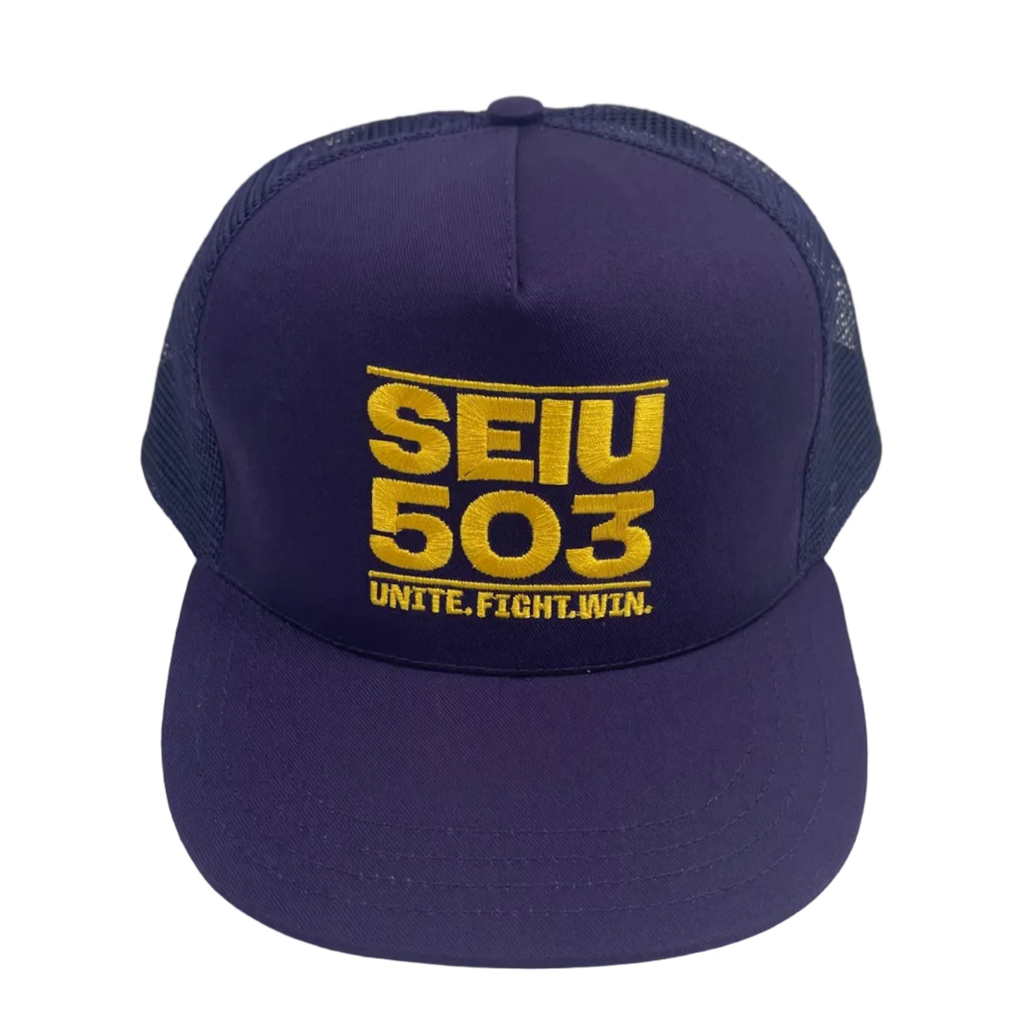 A dark purple trucker hat with a yellow embroidered logo reading 'SEIU 503' and the slogan 'UNITE. FIGHT.WIN