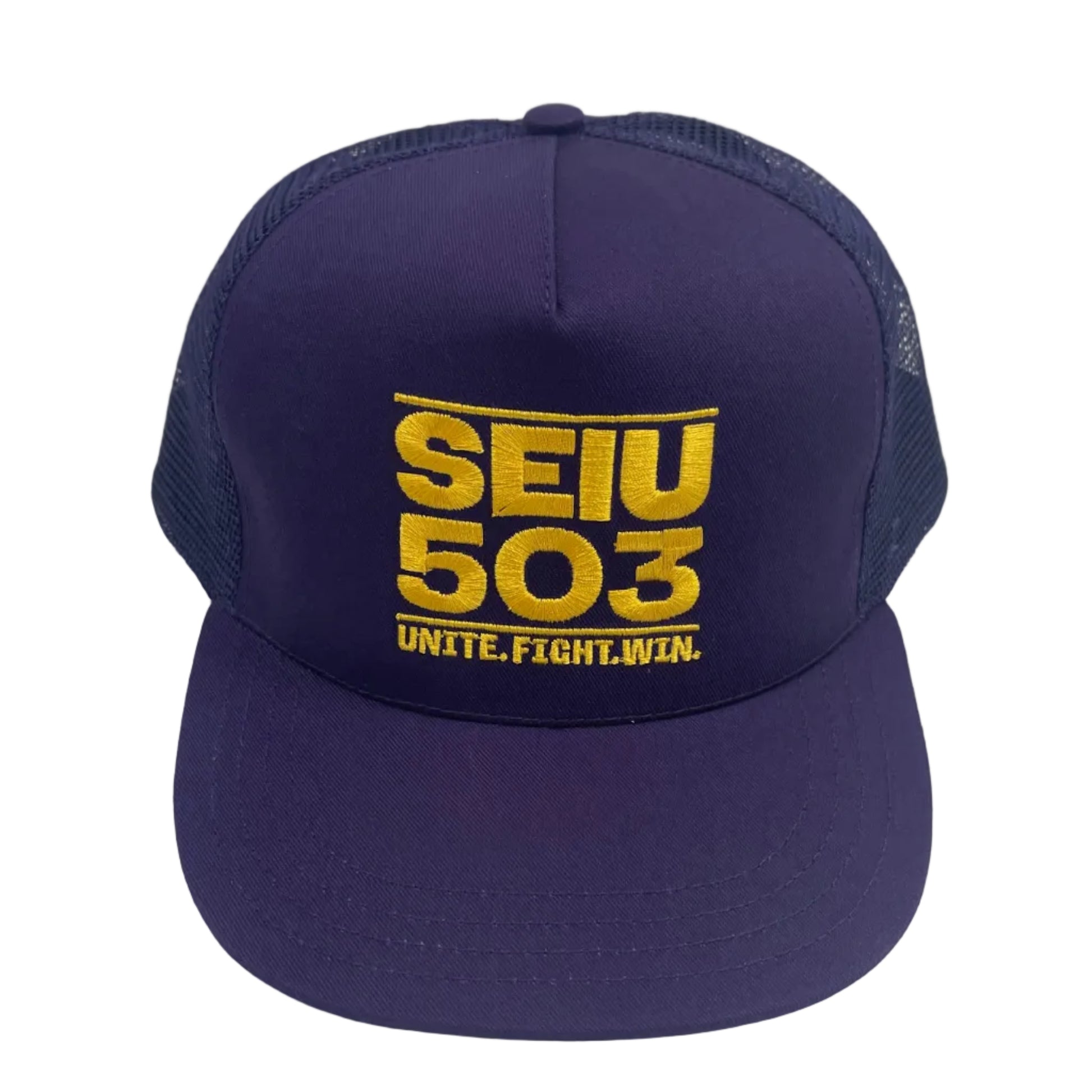 A dark purple trucker hat with a yellow embroidered logo reading 'SEIU 503' and the slogan 'UNITE. FIGHT.WIN