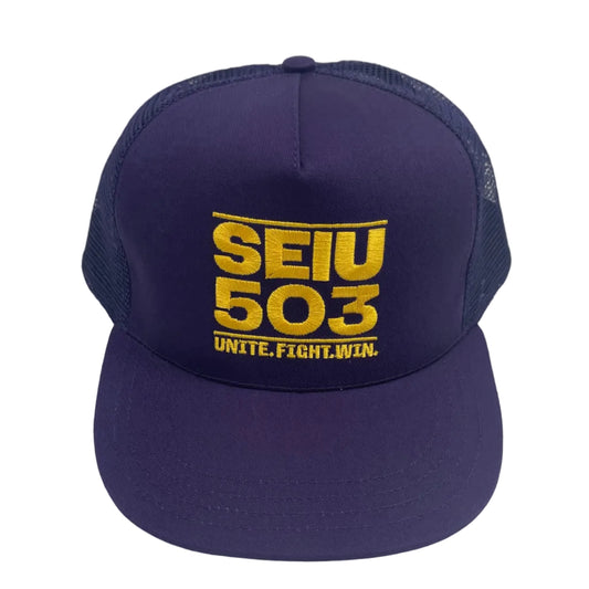 A dark purple trucker hat with a yellow embroidered logo reading 'SEIU 503' and the slogan 'UNITE. FIGHT.WIN